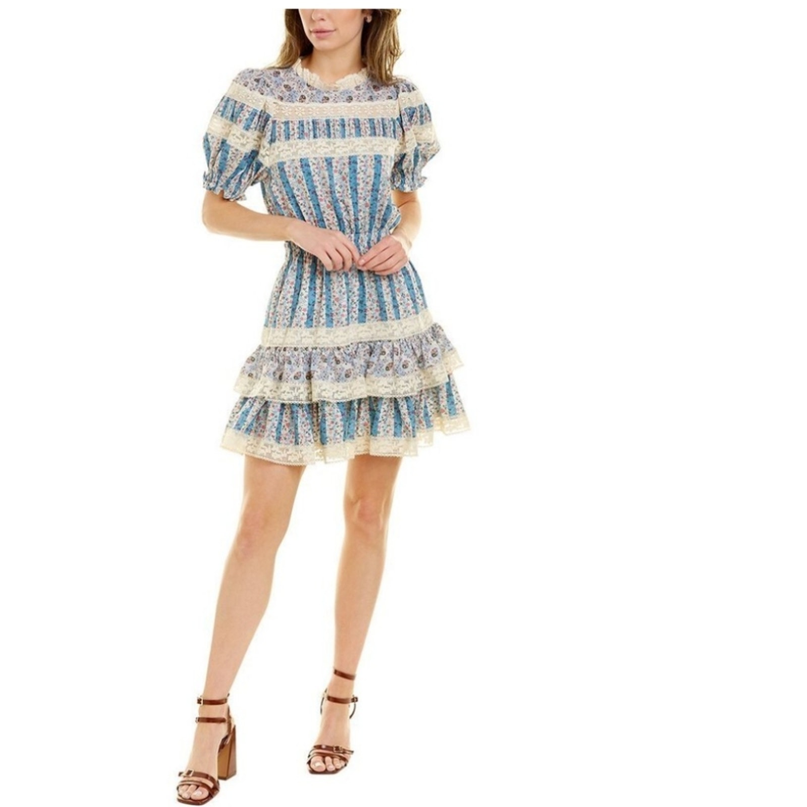 Stellah Blue Ruffle Floral Tiered Cottage Flirty Mini Dress L